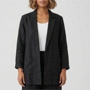 Eileen Fisher Black Open-Front Organic Linen Blazer Jacket Size Small Lagenlook